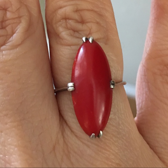Japanese antique faux red coral silver ring - Picture 8 of 14